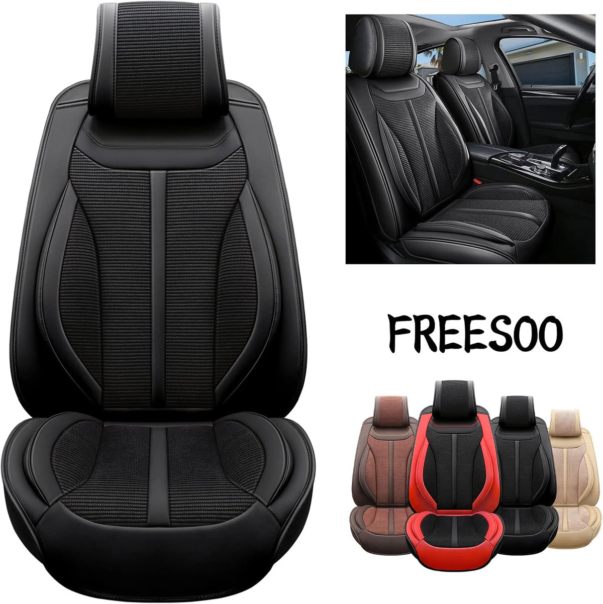 Beige 9 Leather Car Seat Covers Full Set B1898
