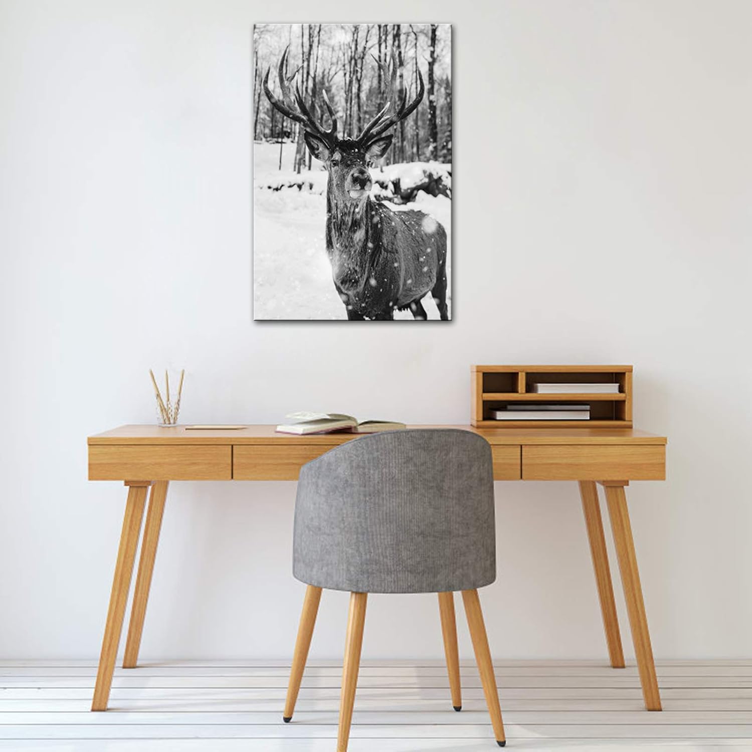 Black and White Deer in Winter Forest Canvas Print Wall Art E9028