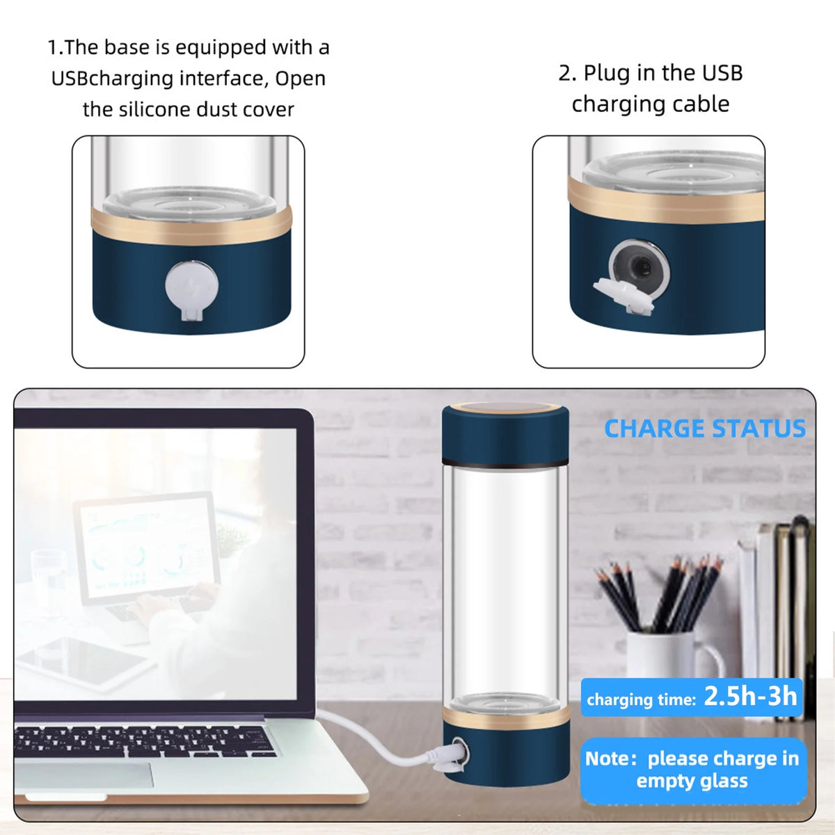 420ml Rechargeable Hydrogen Water Bottle Glass Cup I31568