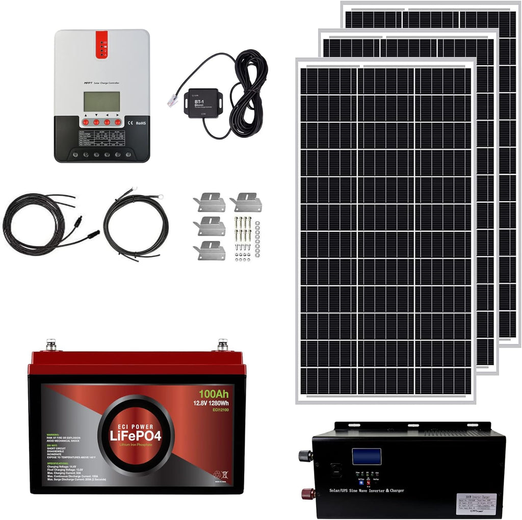 1.3KWH 12V Solar Power System Kit with 300W Mono Solar Panels, 30A MPPT Charge Controller, 2KW Pure Sine Wave Inverter I471716