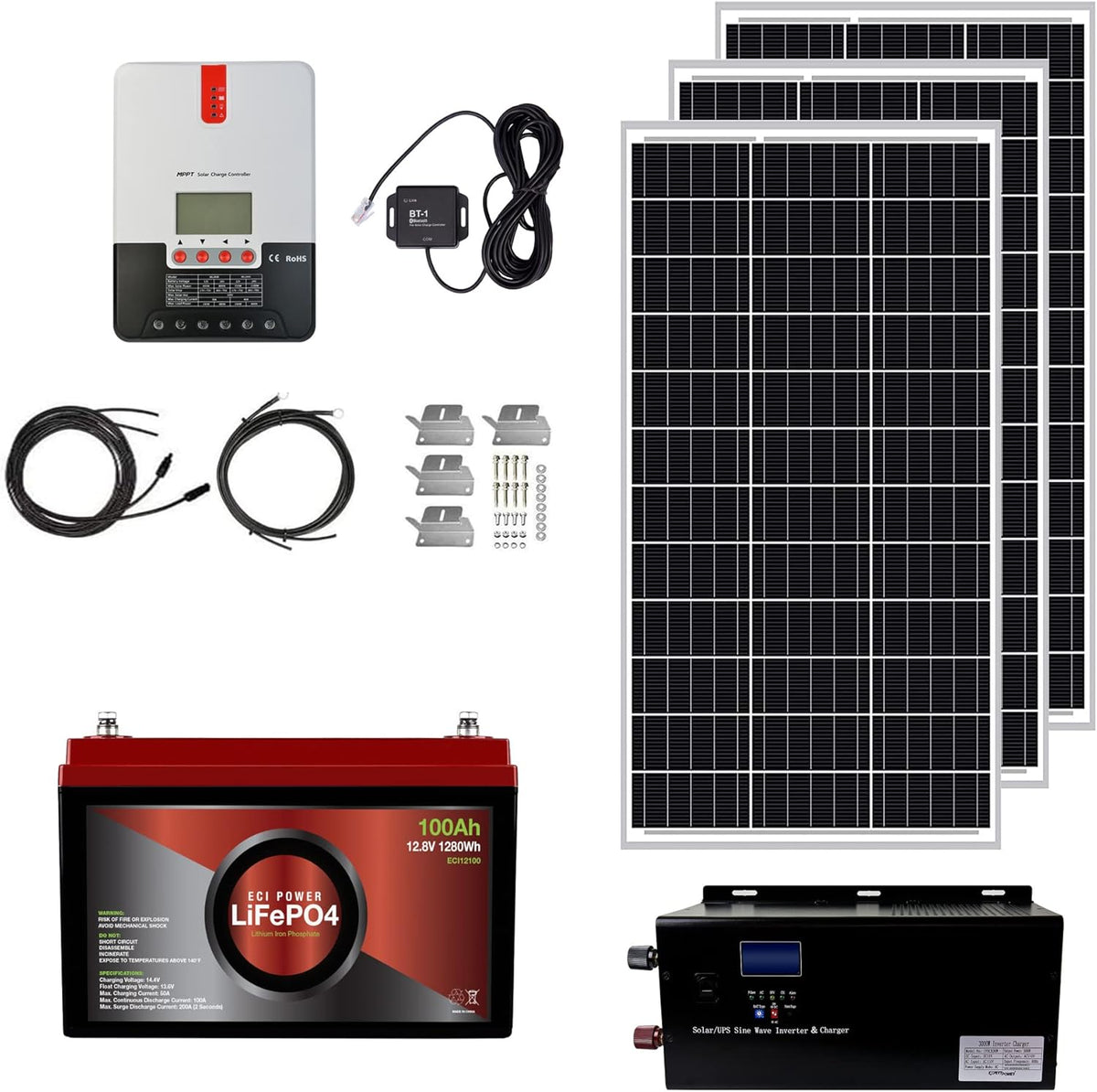 1.3KWH 12V Solar Power System Kit with 300W Mono Solar Panels, 30A MPPT Charge Controller, 2KW Pure Sine Wave Inverter I471716