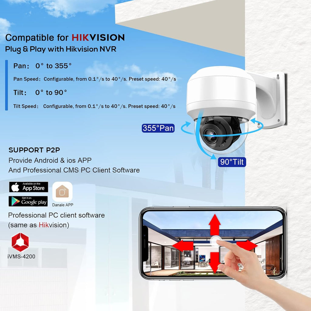 5MP PTZ PoE Dome IP Camera with Mic/Audio, 4X Optical Zoom, 164ft Night Vision, IP67 Waterproof W850039
