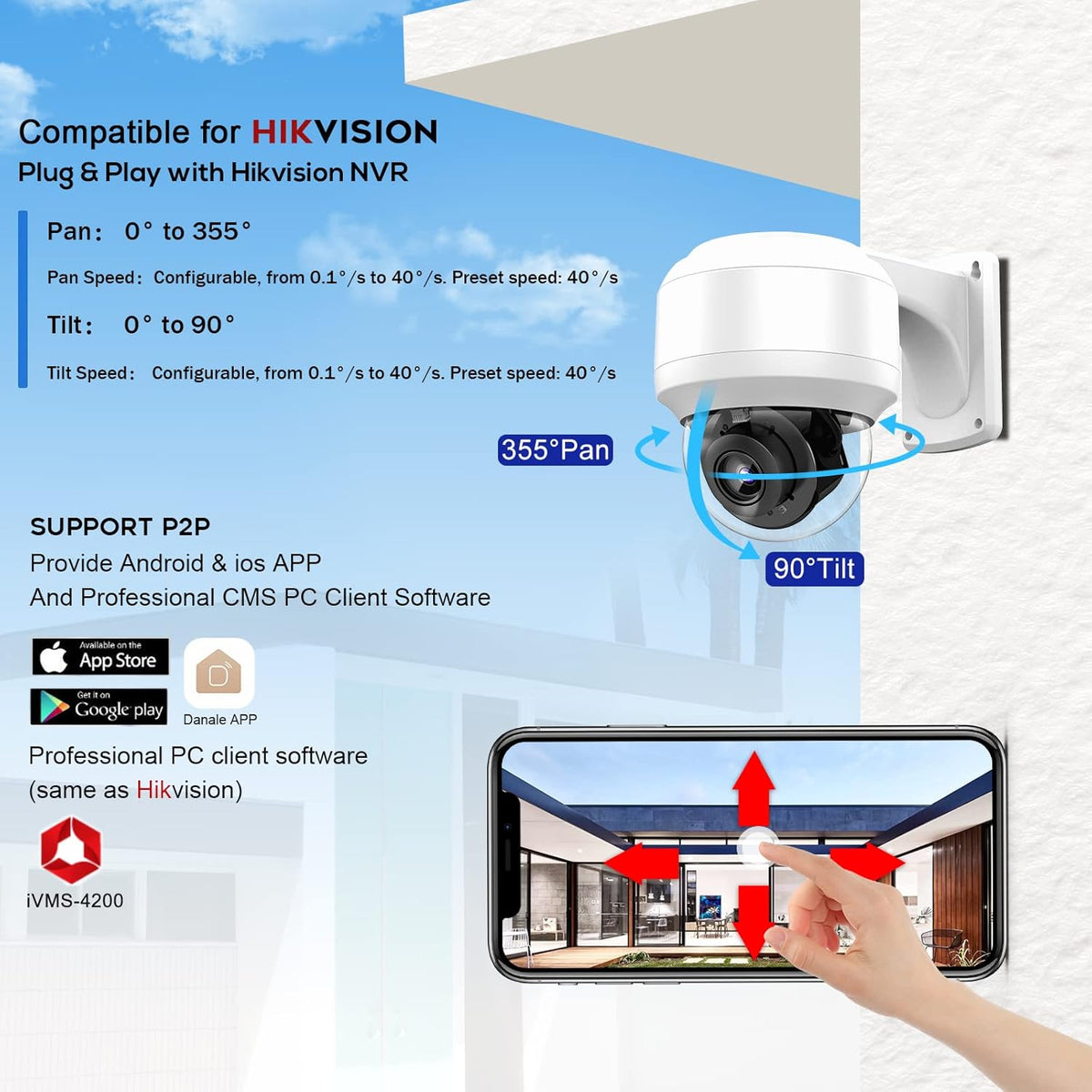 5MP PTZ PoE Dome IP Camera with Mic/Audio, 4X Optical Zoom, 164ft Night Vision, IP67 Waterproof W850039