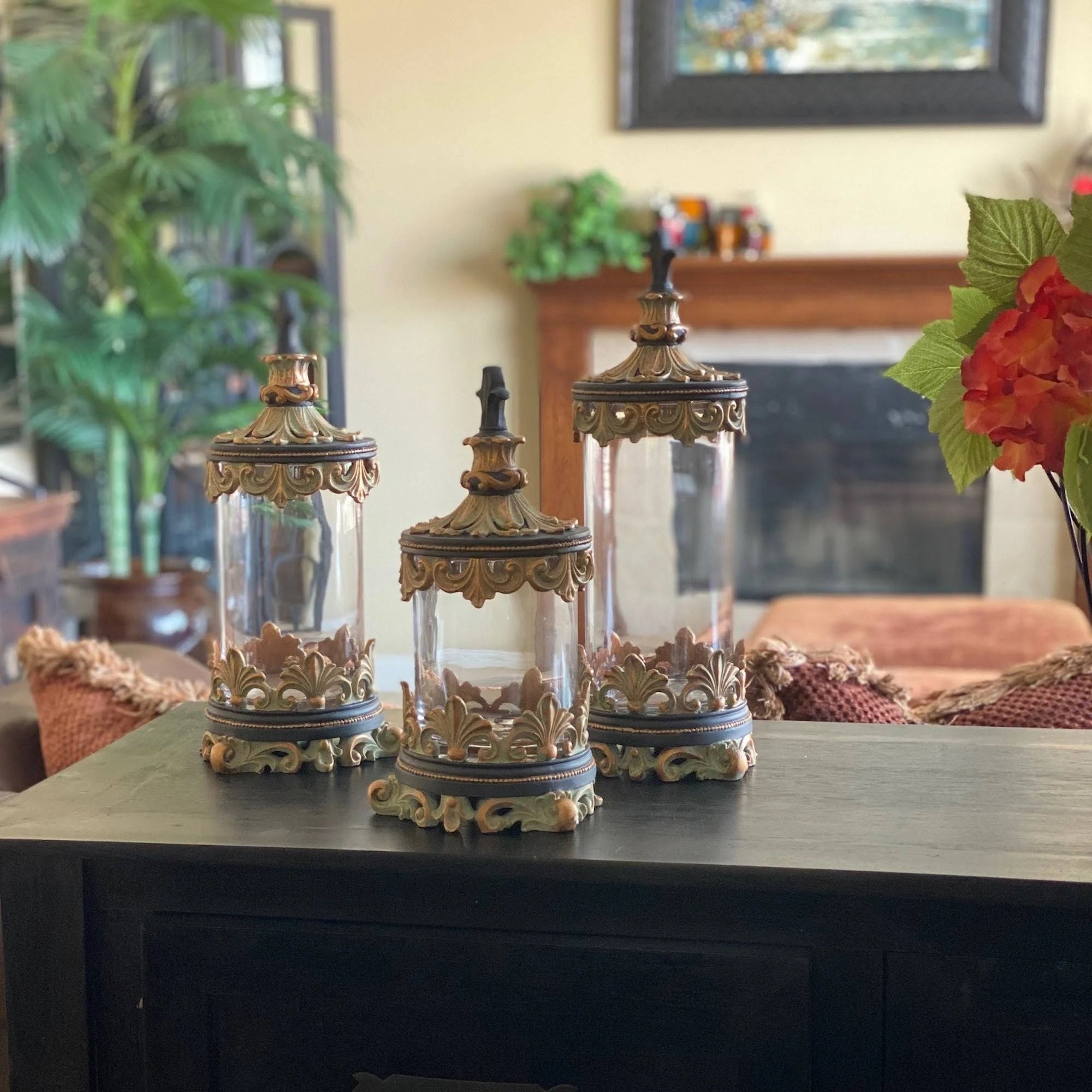 Antiqued Gold 3-Piece Glass Cylinder Canister Set E923
