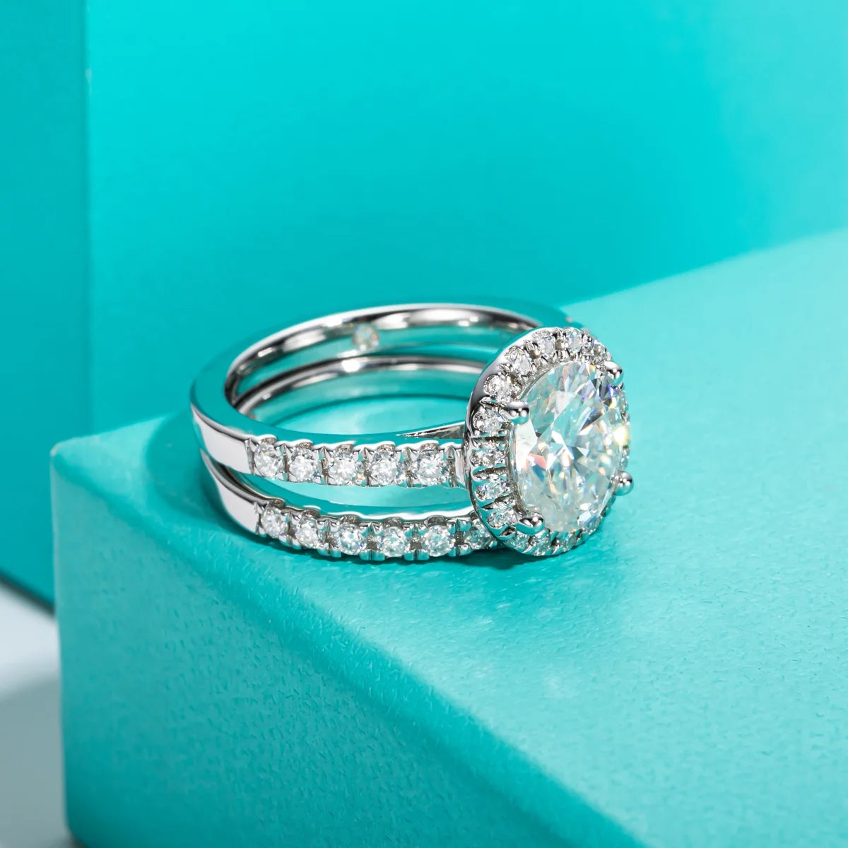 14K White Gold Plated Sterling Silver Moissanite Engagement Ring Bridal Set R5234
