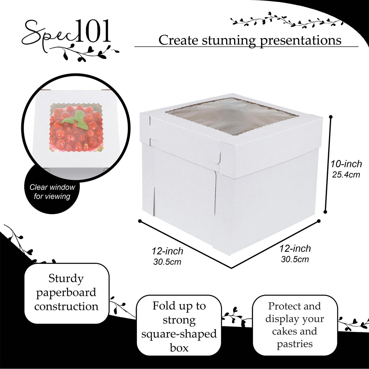 12 x 12 x 10 Inch 60pk Cake Boxes with Window P5399