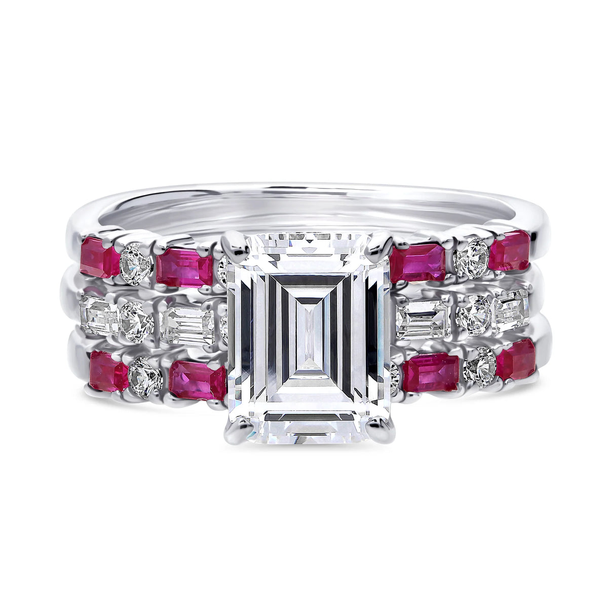 Sterling Silver Emerald Cut Cubic Zirconia Art Deco Ring Set, Rhodium Plated Size 10 D335278