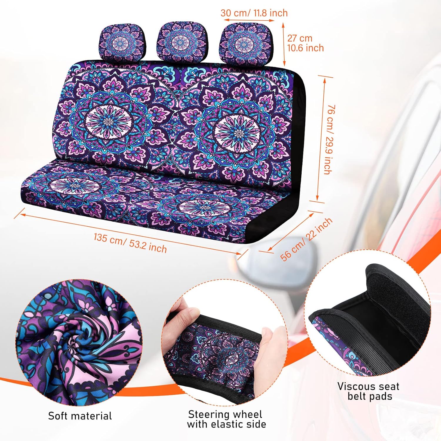 22 Pieces Purple Mandala Car Seat Cover Set A824