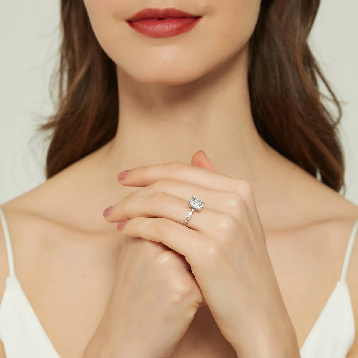 Sterling Silver Emerald Cut Cubic Zirconia Art Deco Ring Set, Rhodium Plated Size 10 D335278