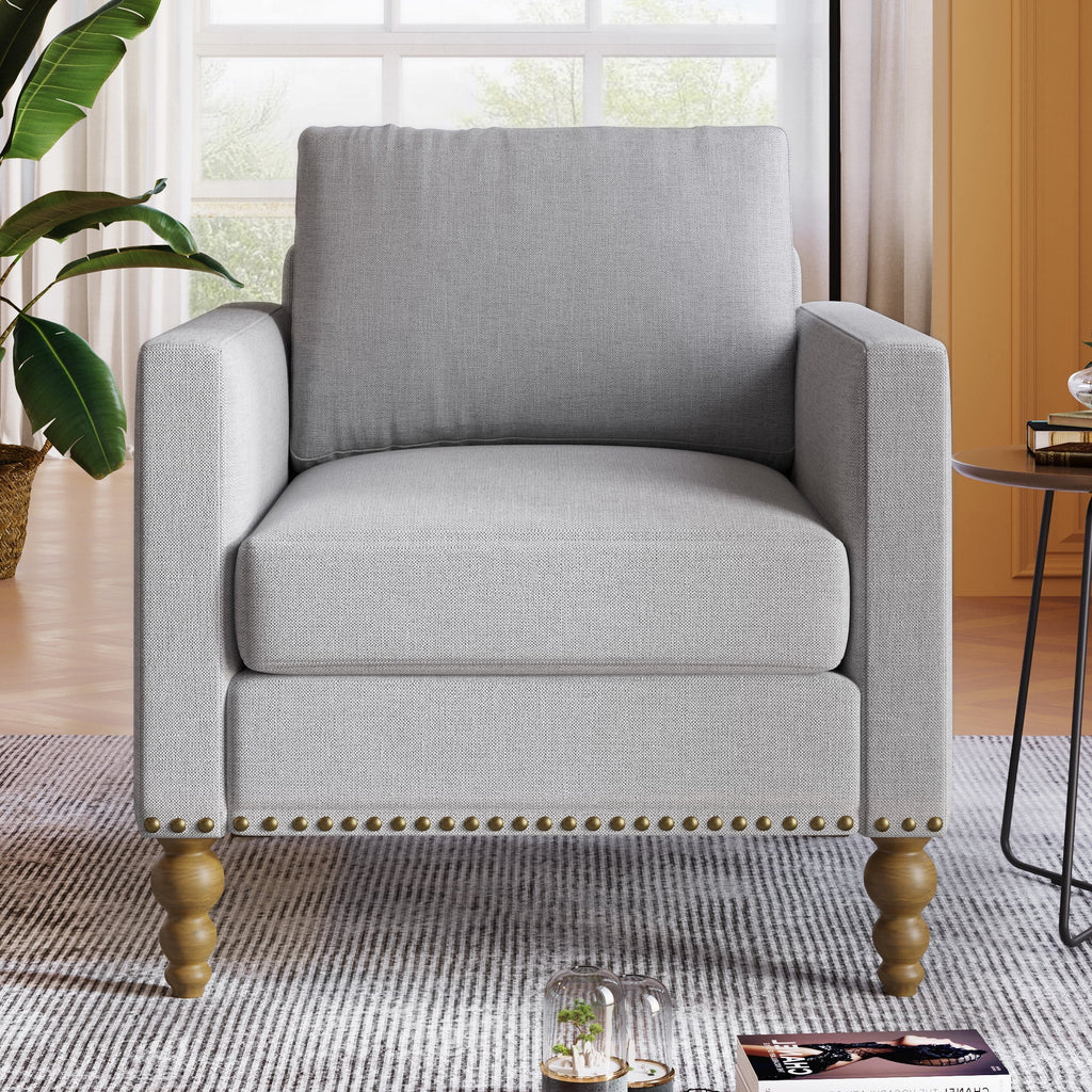 Light Gray Linen Armchair with Wooden Legs X762