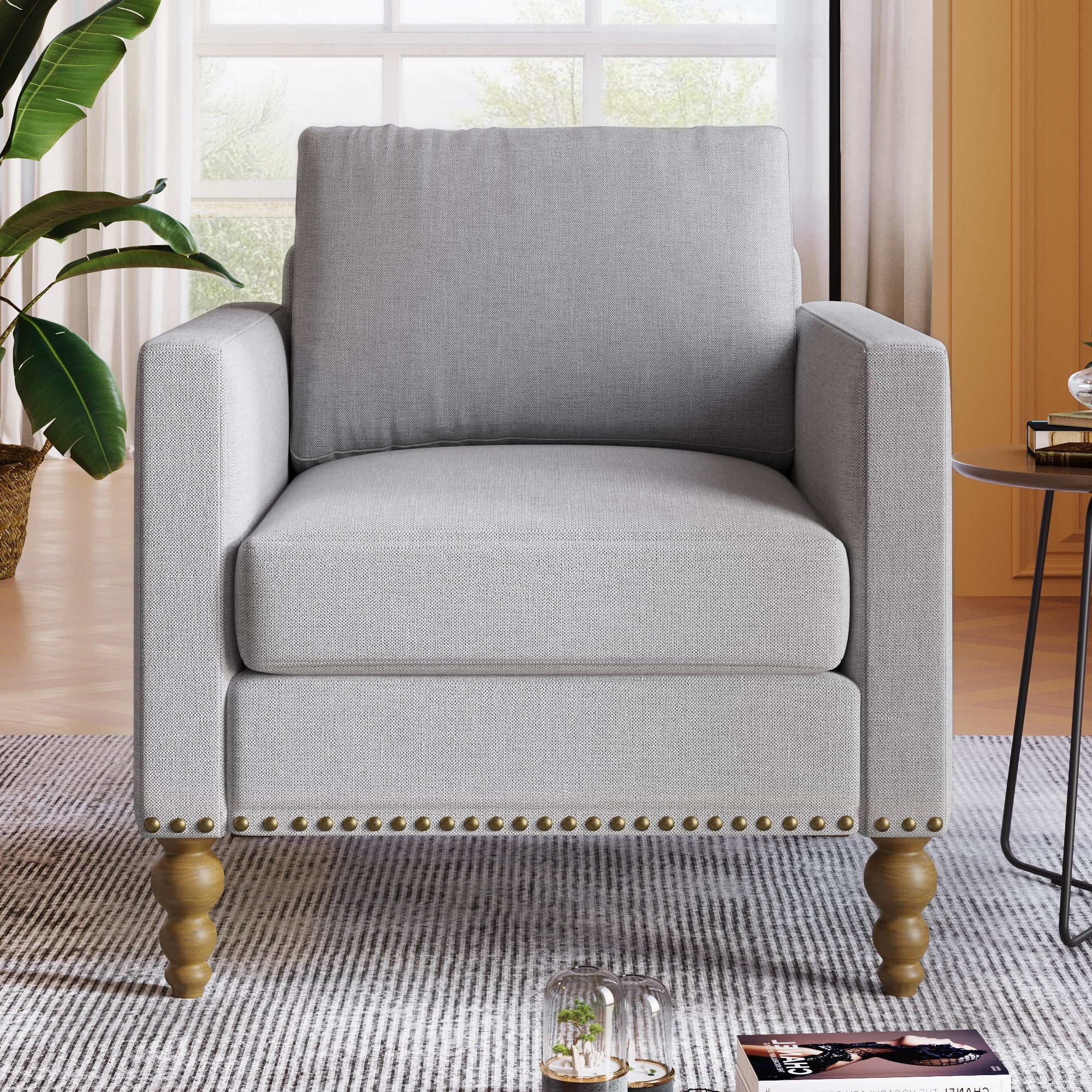 Light Gray Linen Armchair with Wooden Legs X762
