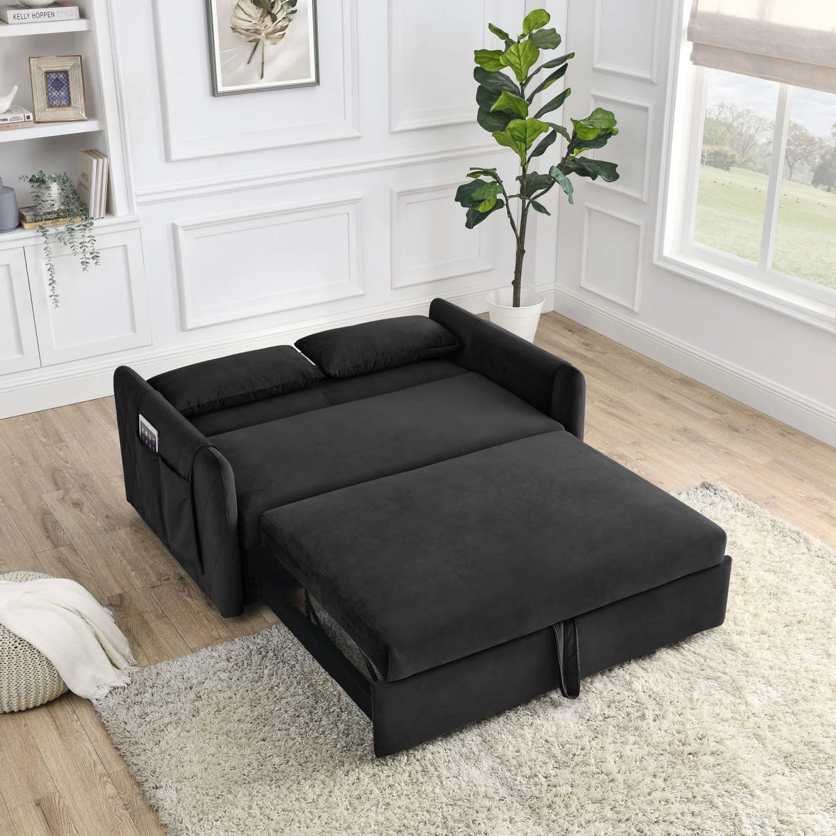 55" Convertible Velvet Sofa Bed with 2 Detachable Arm Pockets, 2 Pillows F694