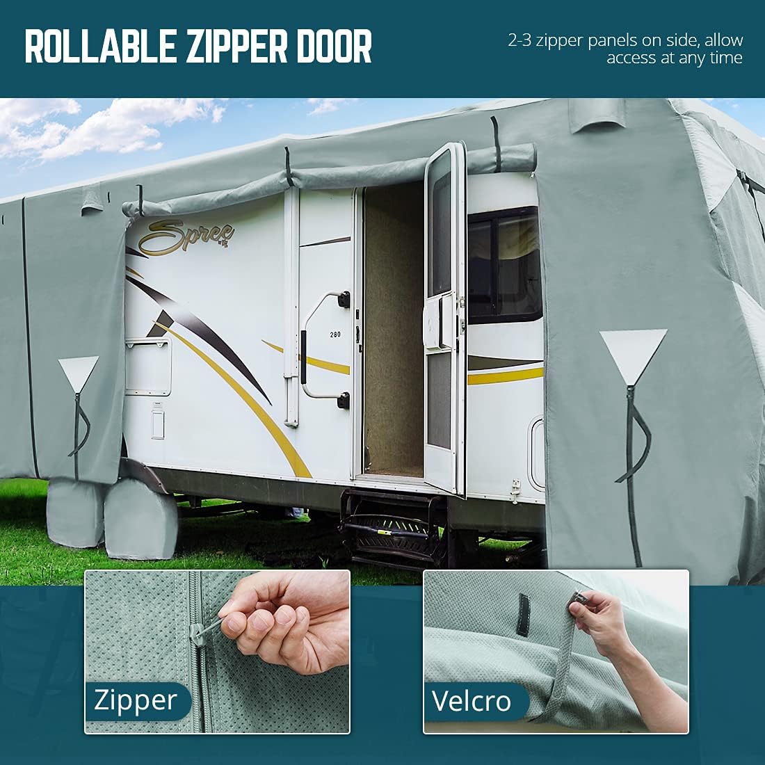 Extra-Thick 5 Layers Anti-UV Travel Trailer RV Cover with 2 Straps & 4 Tire Covers L660755