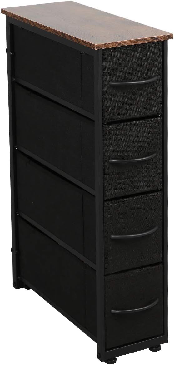 Black/Rustic Brown 4 Drawer Vertical Dresser with Steel Frame and Fabric Bins I754958
