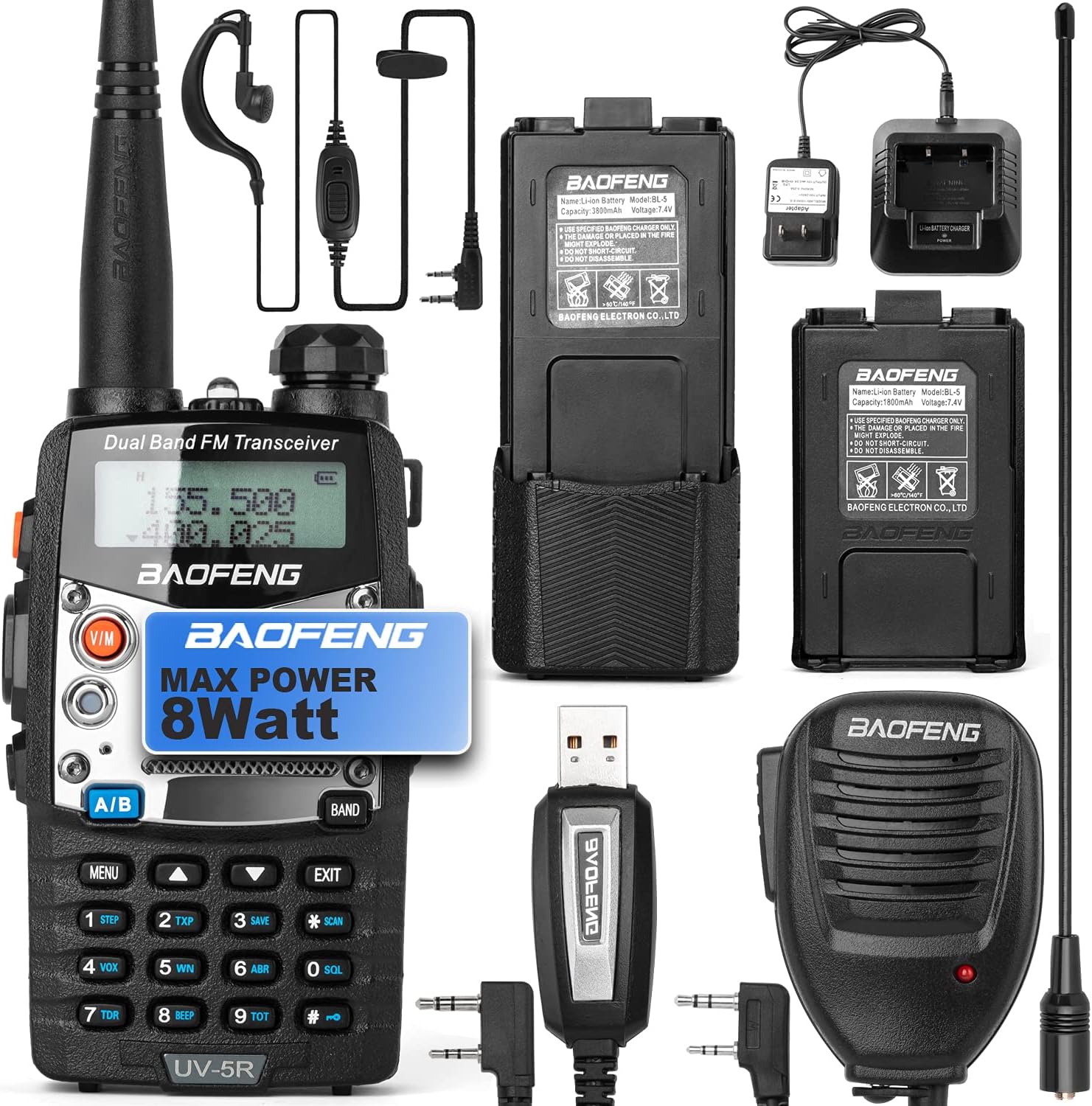 UV-5R Pro Dual-Band 2-Way Radio Handheld Walkie Talkies with 2 Rechargeable Battery and Earpiece M679717