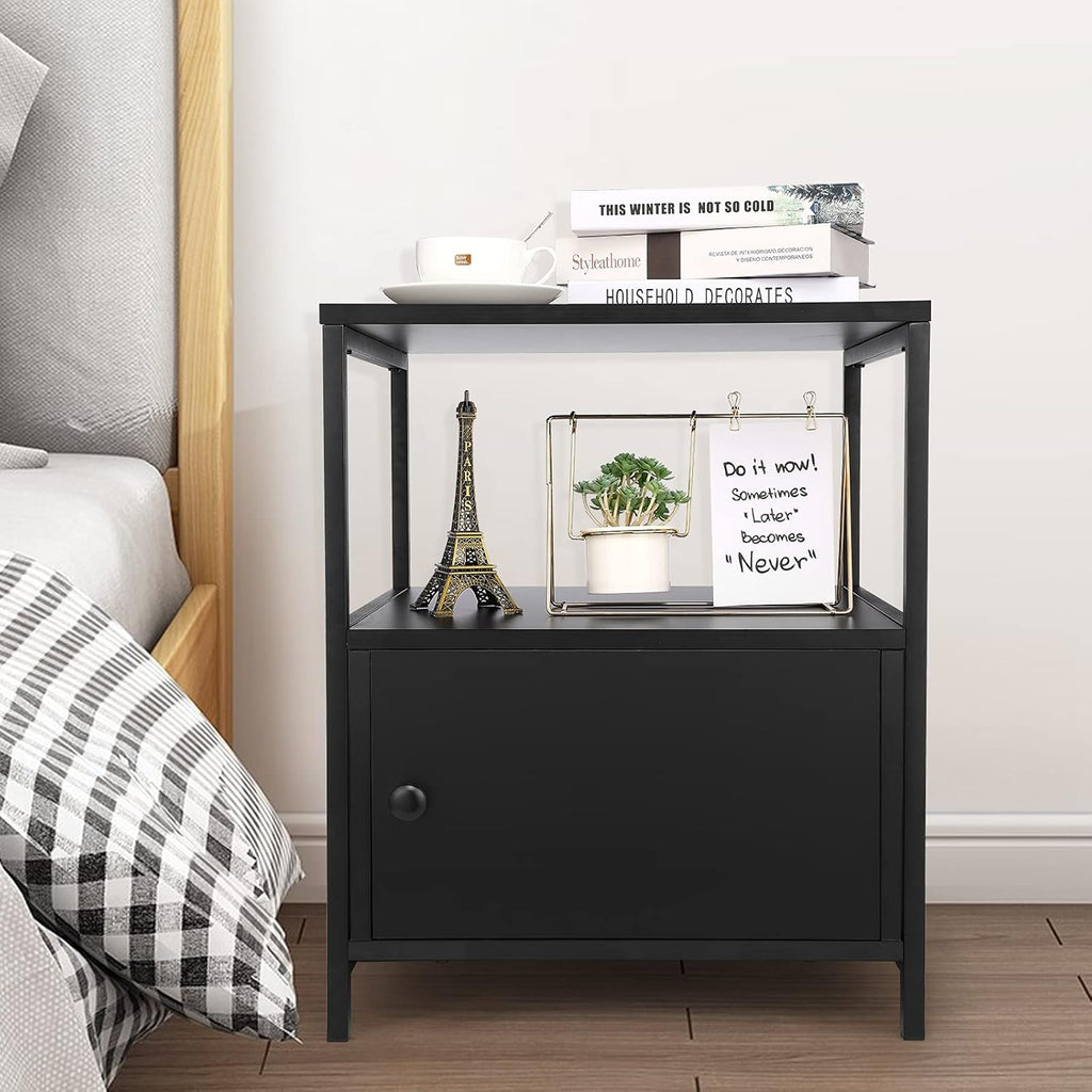 White Industrial Nightstand with Storage Cabinet and Open Shelves O215