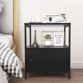 White Industrial Nightstand with Storage Cabinet and Open Shelves O215