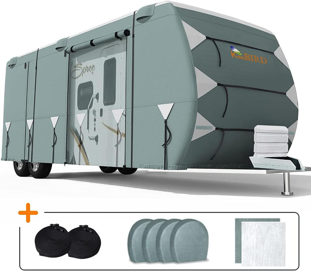 Extra-Thick 5 Layers Anti-UV Travel Trailer RV Cover with 2 Straps & 4 Tire Covers L660755