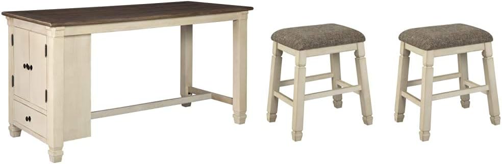 Whitewash Farmhouse Counter Height Dining Table with Storage Cabinet M4360