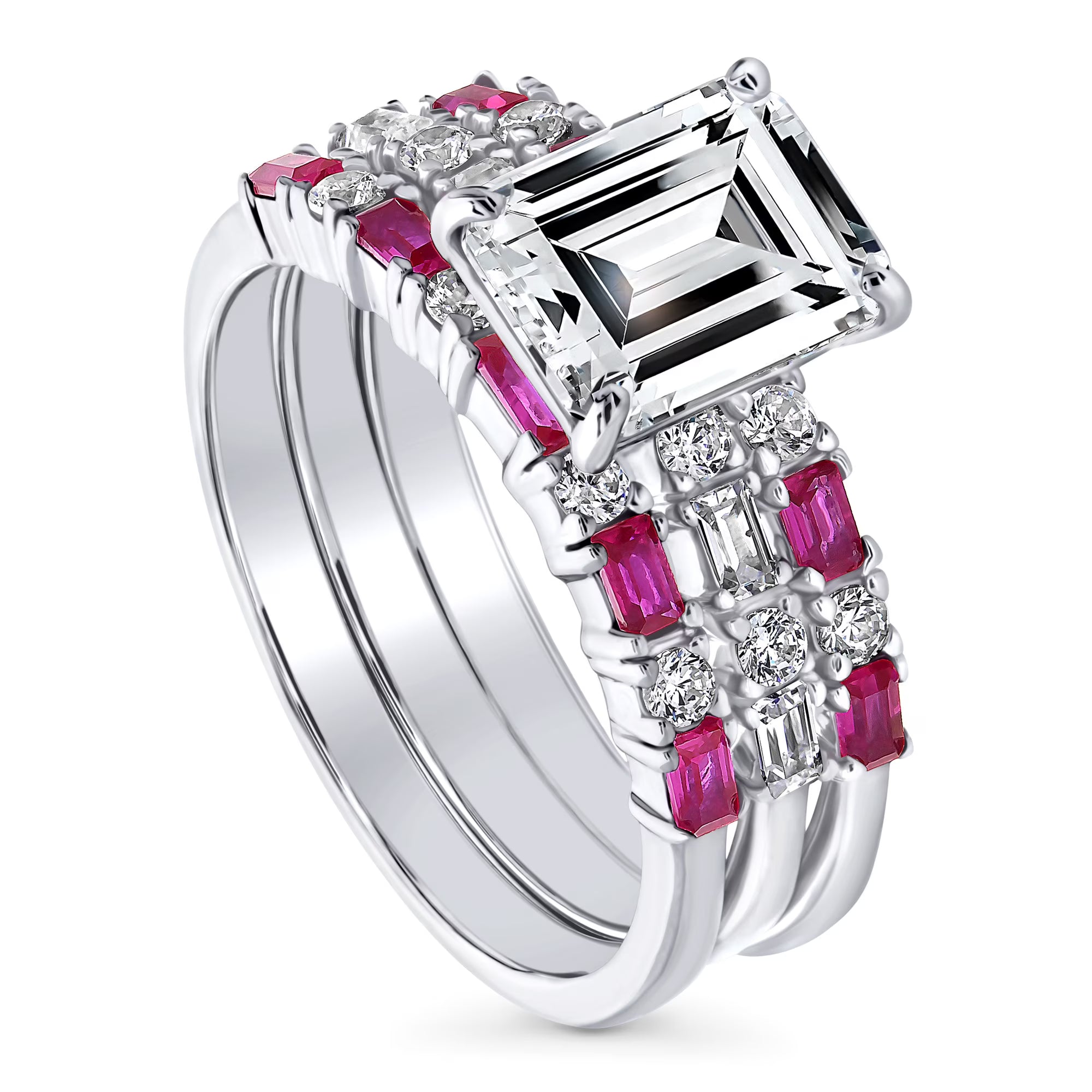 Sterling Silver Emerald Cut Cubic Zirconia Art Deco Ring Set, Rhodium Plated Size 10 D335278