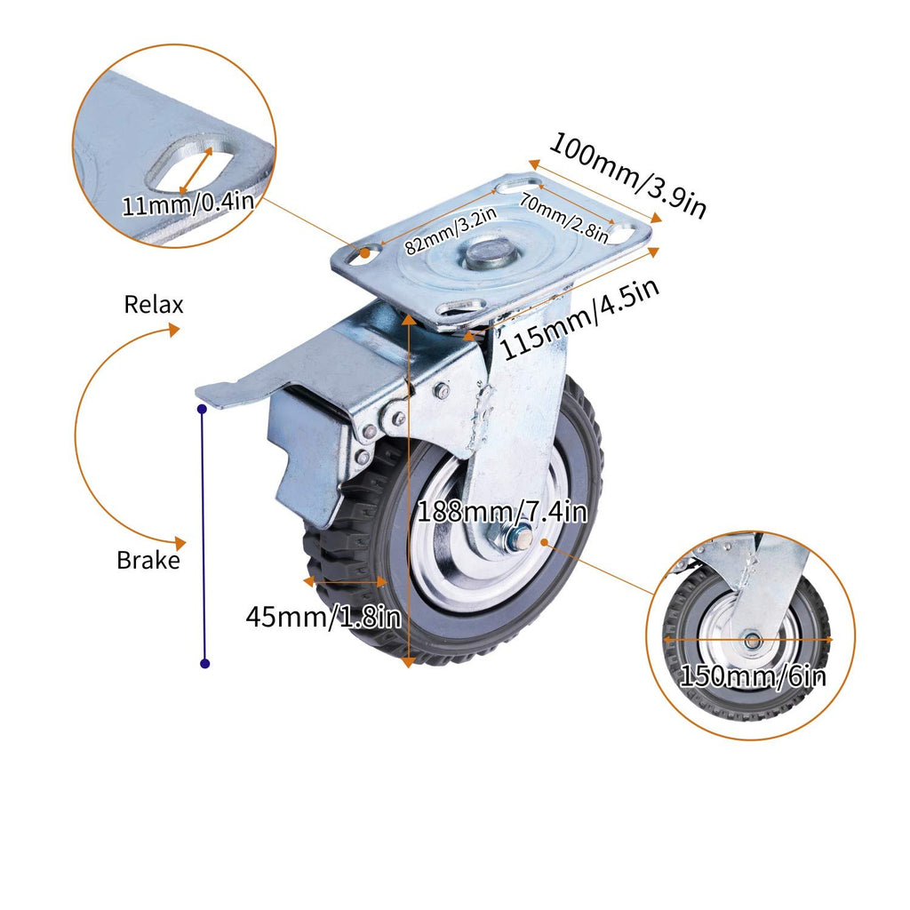 6 Inches Heavy Duty Rubber Swivel Casters Set of 4 (2 with Brakes & 2 Without) H864