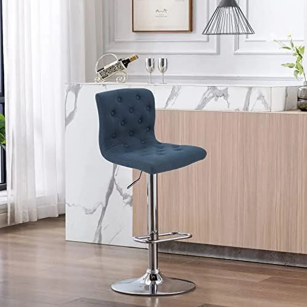 Tufted Fabric Adjustable Swivel Counter Height Barstool with Back (Blue Gold Base) S401