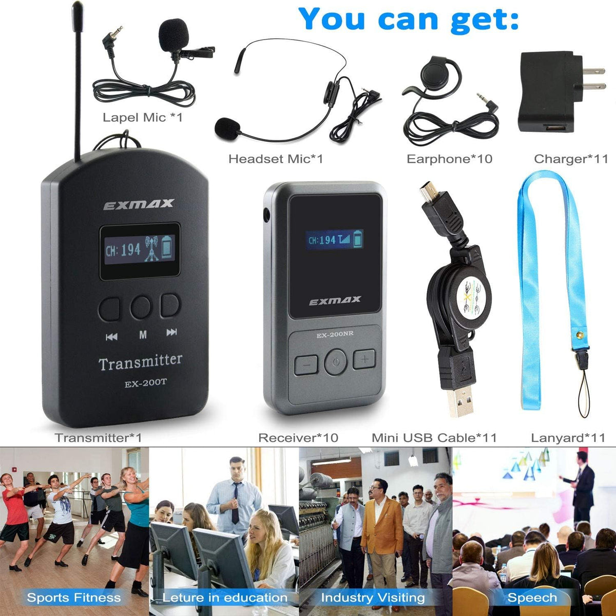 UHF Wireless Tour Guide Audio Transmission Set, 200 Channels, 1 Transmitter & 10 Receivers X323