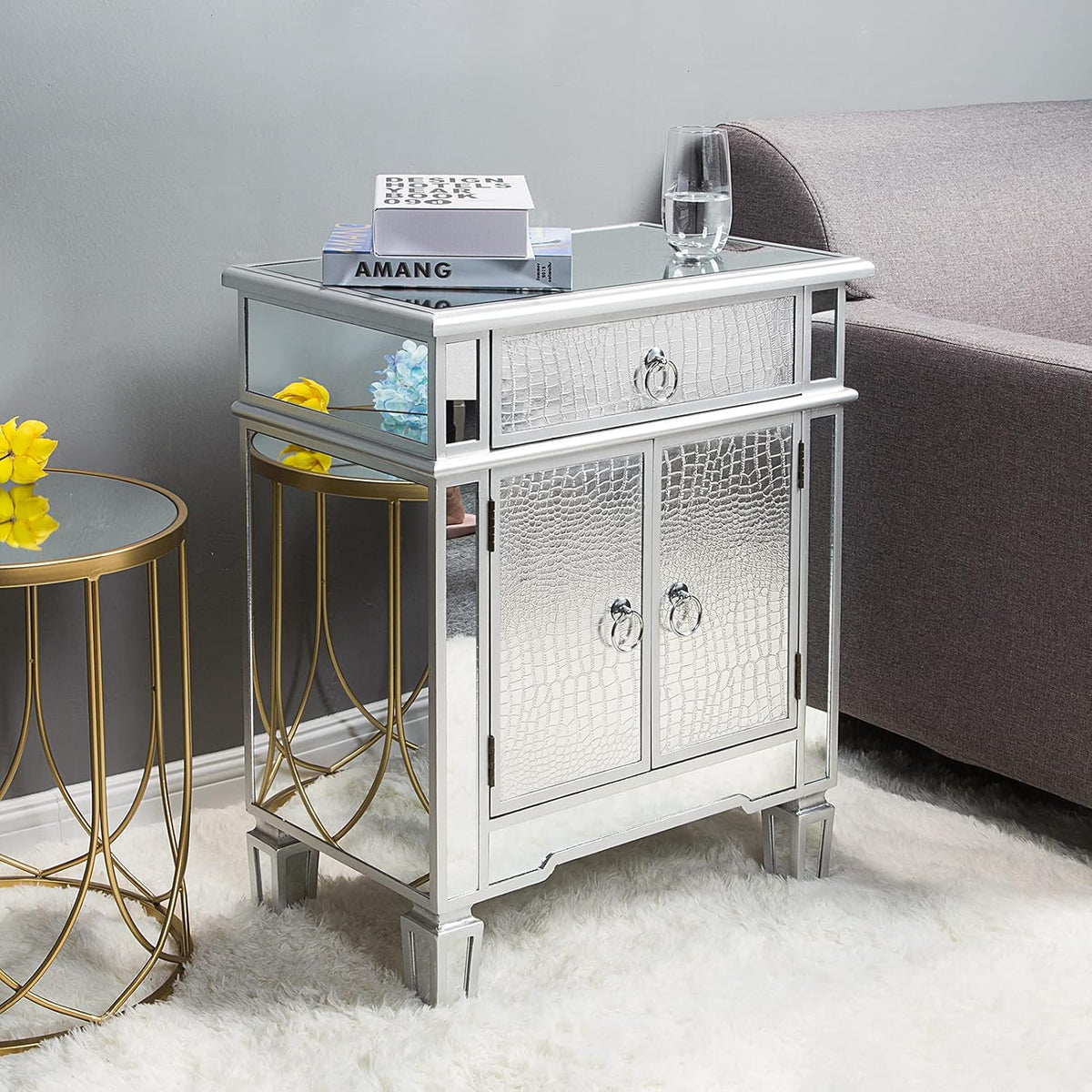 Mirrored Wood Cabinet with Drawers and Cabinet S44590