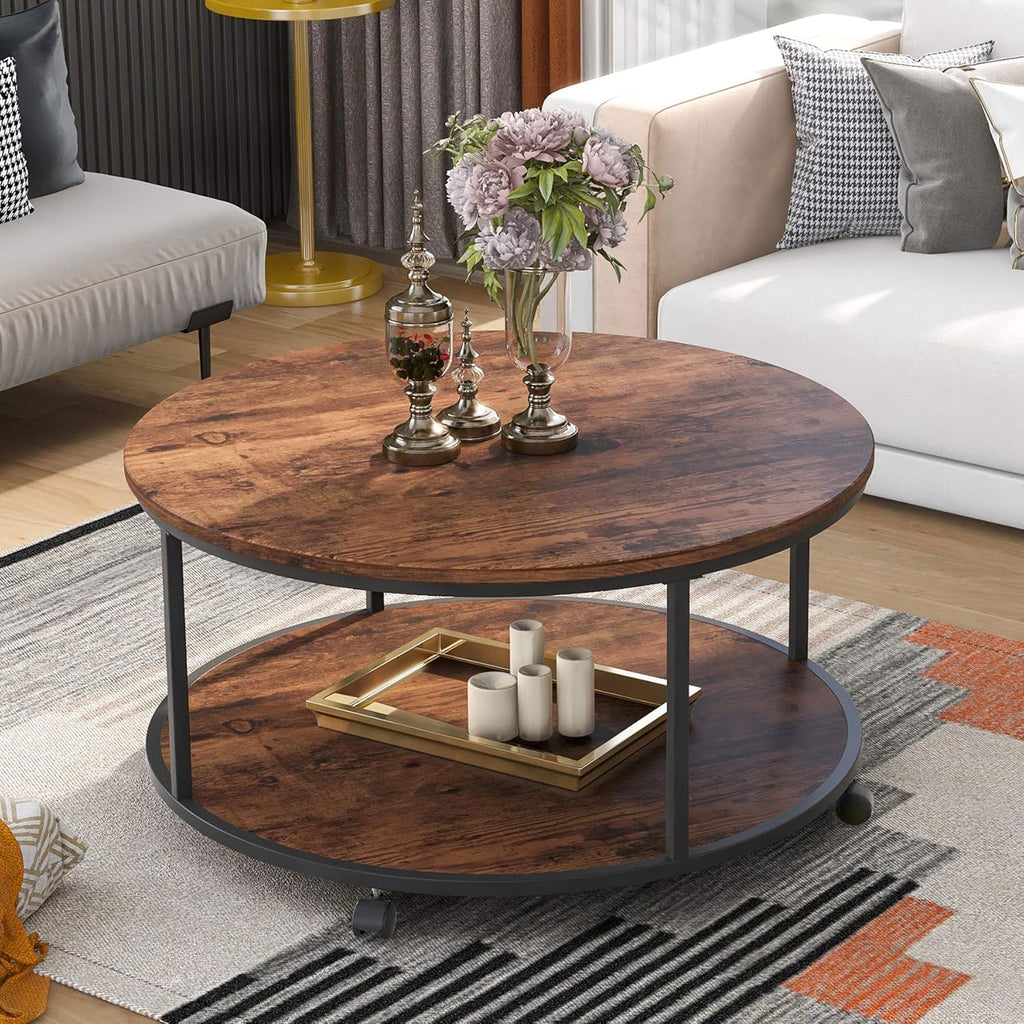 Rustic Style Round Coffee Table with Casters Brown I545139