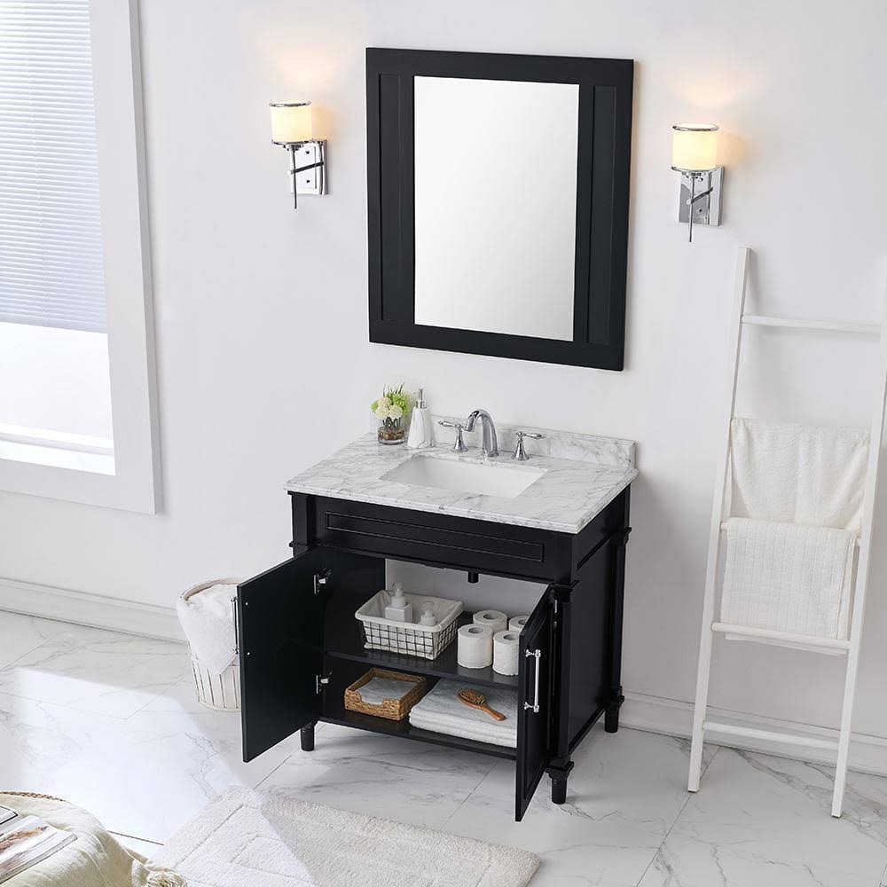 Black Vanity with Carrara Marble Top with White Sink H71650