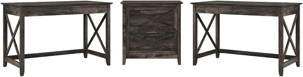 2 Person Desk Set with Lateral File Cabinet, Dark Gray Hickory L44094
