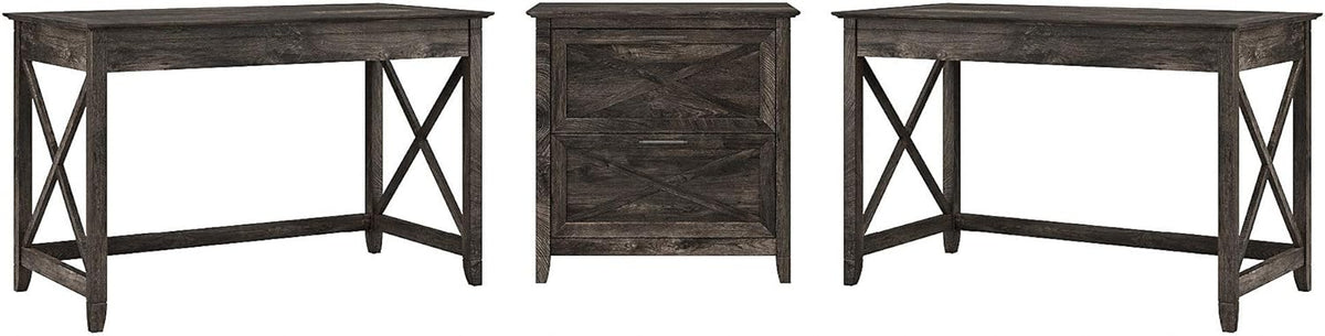 2 Person Desk Set with Lateral File Cabinet, Dark Gray Hickory L44094