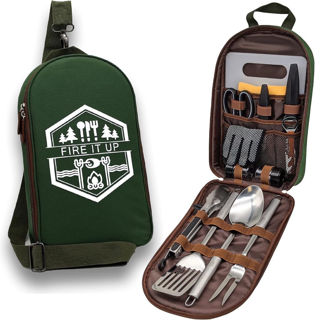 13 PC Stainless Steel Grilling Camping Cooking Utensils Set with Carrying Bag X539