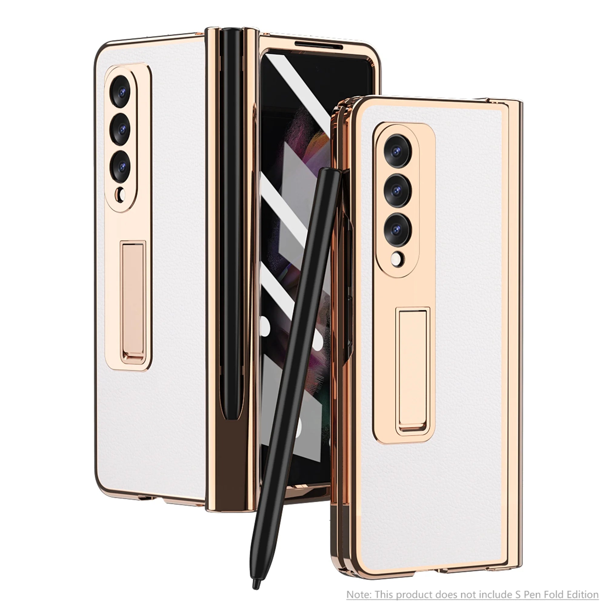 White Lychee Pattern Shockproof Case for Samsung Galaxy Z Fold 3 5G with Tempered Glass Screen Protector C8519