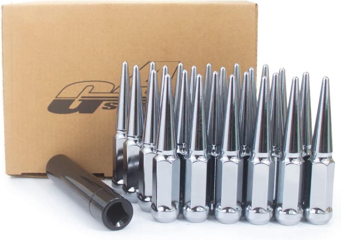 14x1.5 Chrome Closed End Bulge Acorn Spiked Lug Nuts Set of 24+1 Key P89861