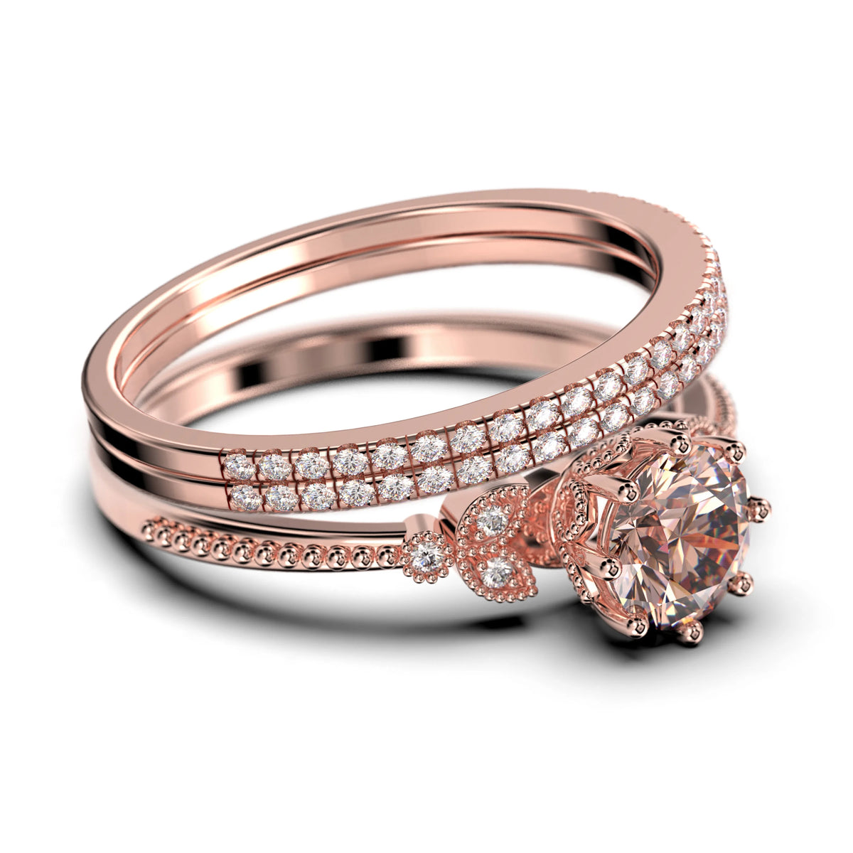 2.25 Carat Round Cut Morganite And Diamond Moissanite Floral Engagement Ring in 10k Solid Rose Gold G6417