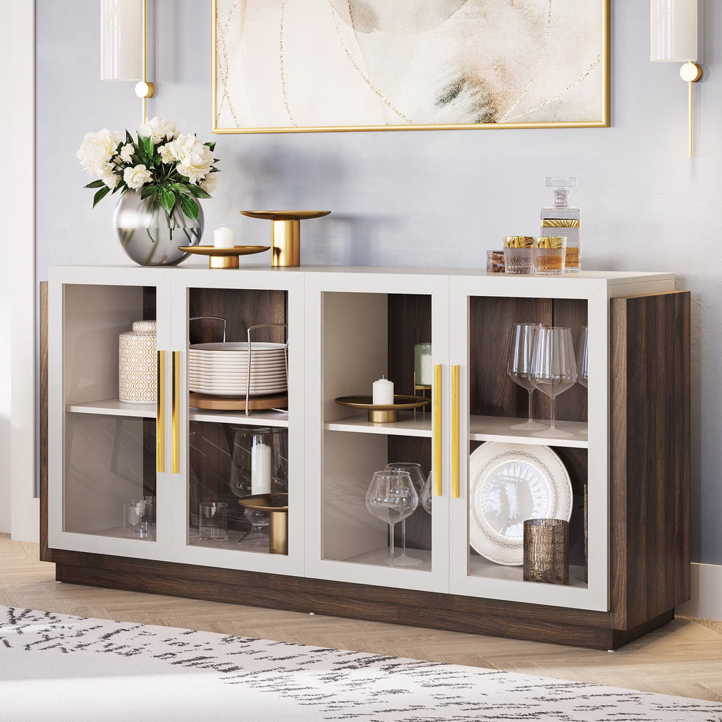 White Wood Glass Sideboard Buffet Cabinet with Storage M292