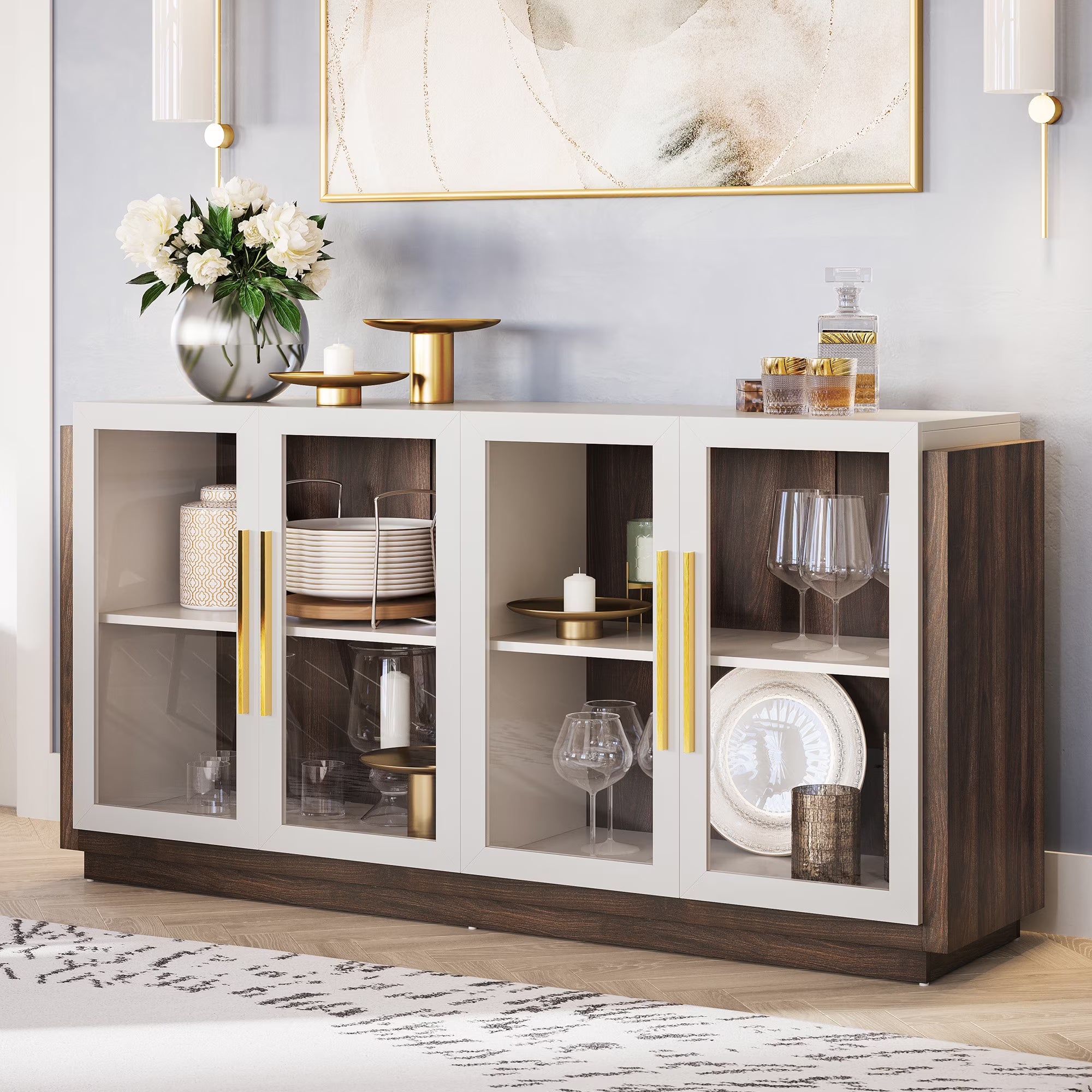 White Wood Glass Sideboard Buffet Cabinet with Storage M292
