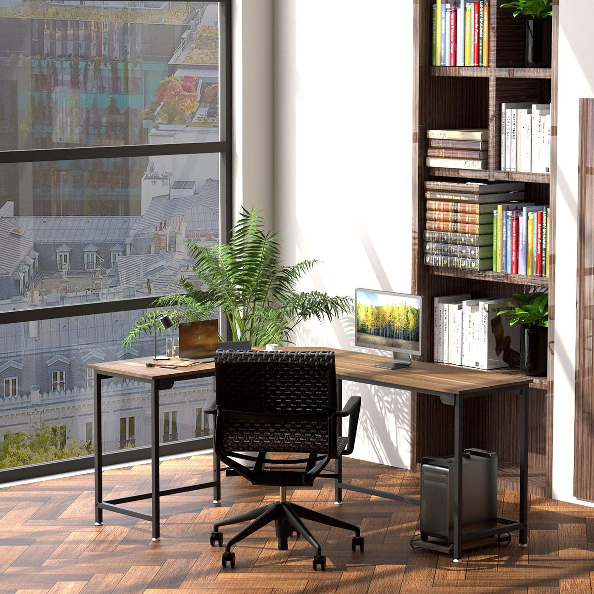 Reversible L Shaped Desk with Shelves, Round Corner Computer Desk Gaming Table Workstation B95666