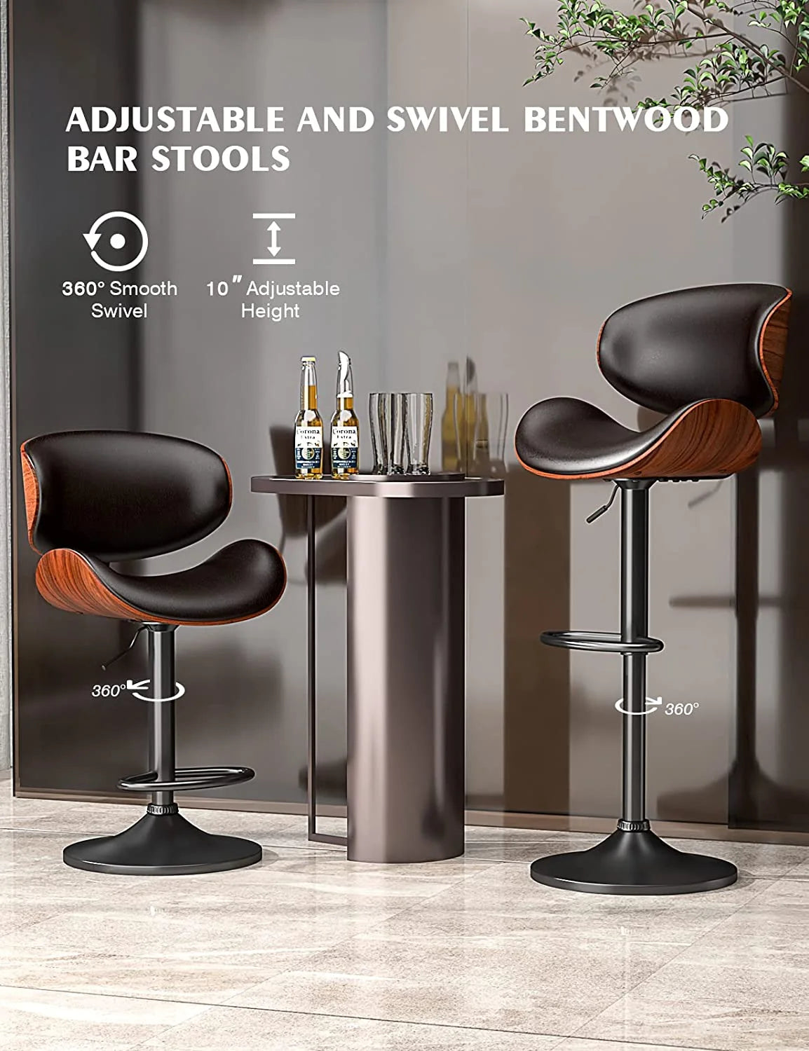 Swivel Bar Stools Set of 2, Adjustable PU Leather with Back and Footrest M1524