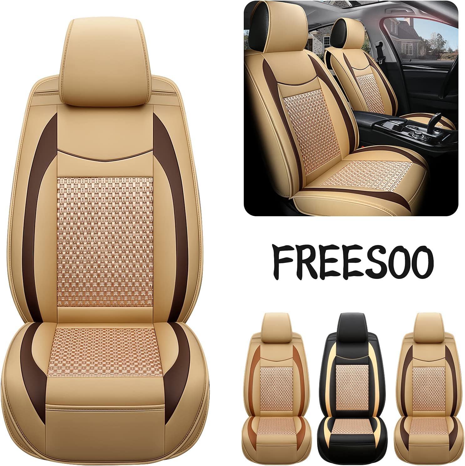 Beige 9 Leather Car Seat Covers Full Set B1898