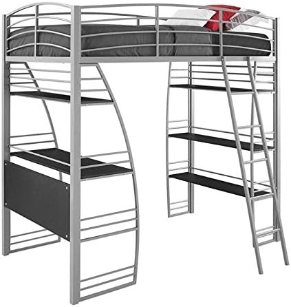 Gray Metal Frame Twin Loft Bed with Desk and Bookcase Y674