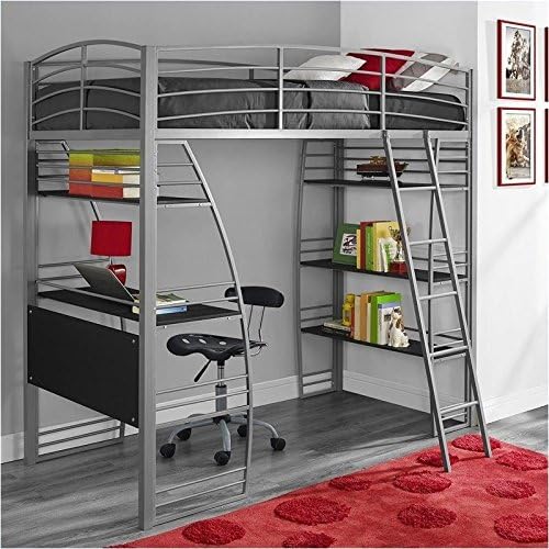 Gray Metal Frame Twin Loft Bed with Desk and Bookcase Y674