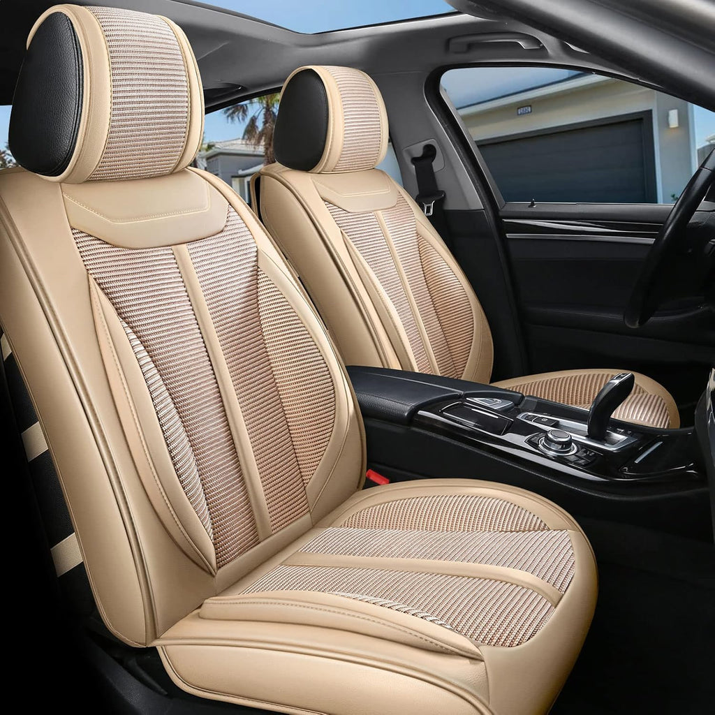 Beige 9 Leather Car Seat Covers Full Set B1898
