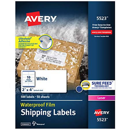 Waterproof Shipping Labels, 2 inch x 4 inch, 500 White Laser Labels X9914