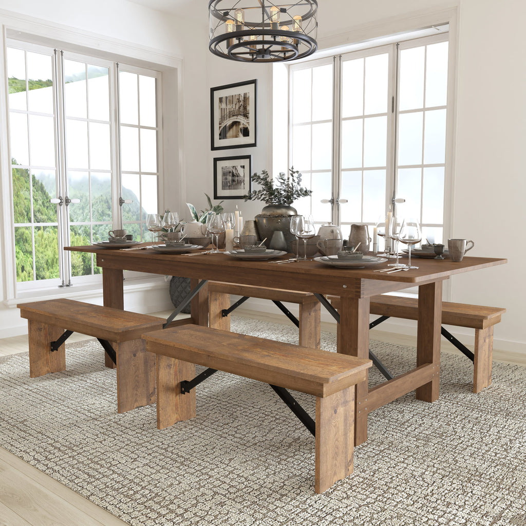 Antique Rustic Folding Farm Table and Bench Set Y2755