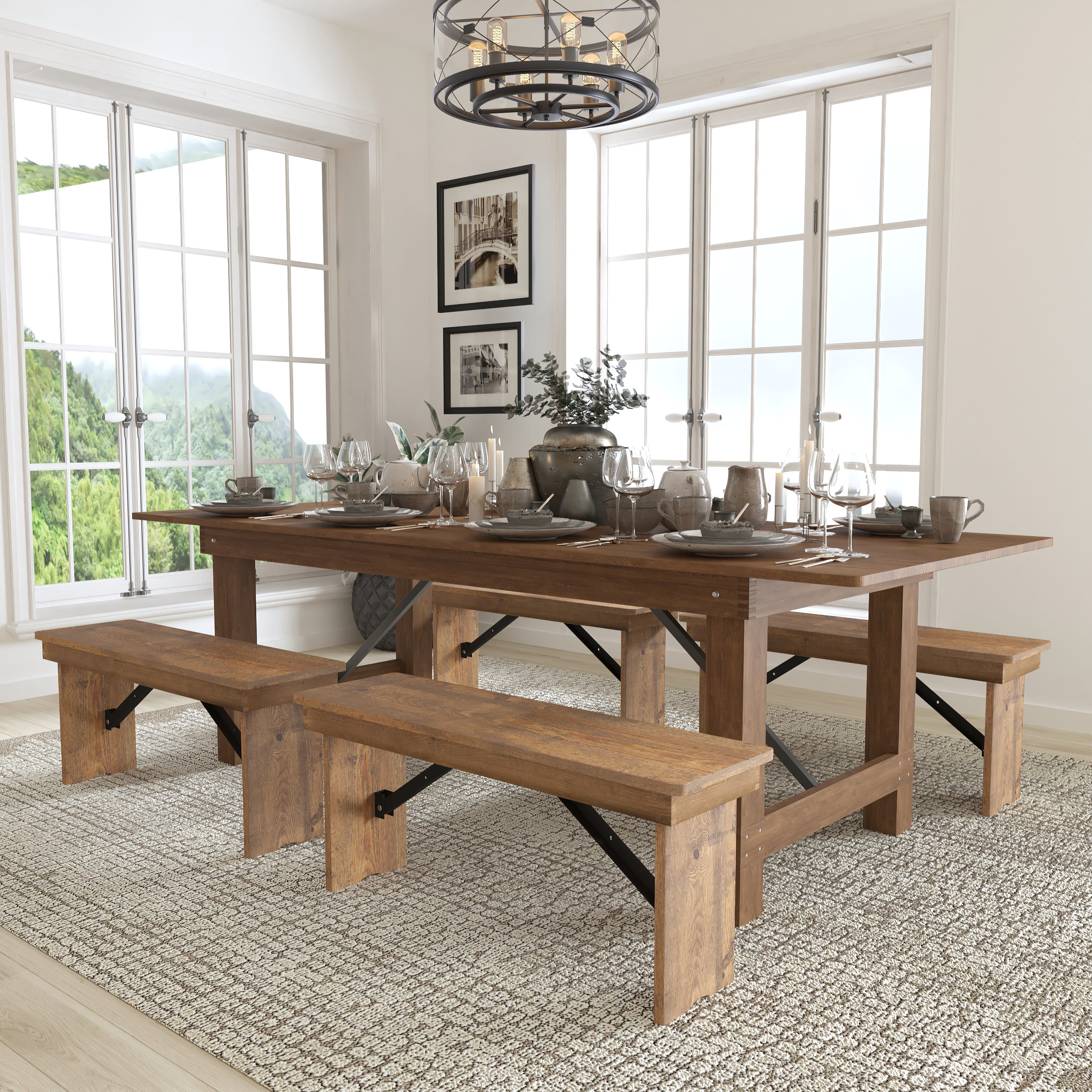 Antique Rustic Folding Farm Table and Bench Set Y2755