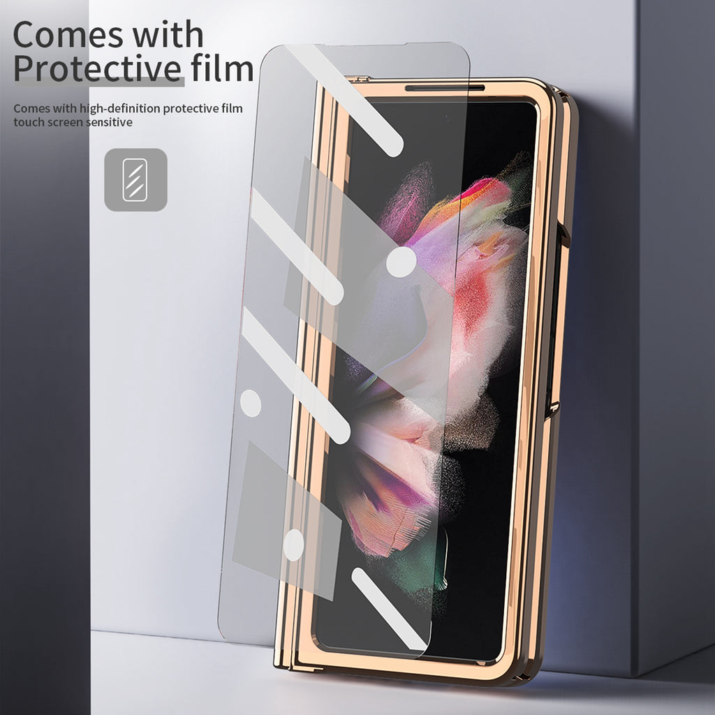 White Lychee Pattern Shockproof Case for Samsung Galaxy Z Fold 3 5G with Tempered Glass Screen Protector C8519