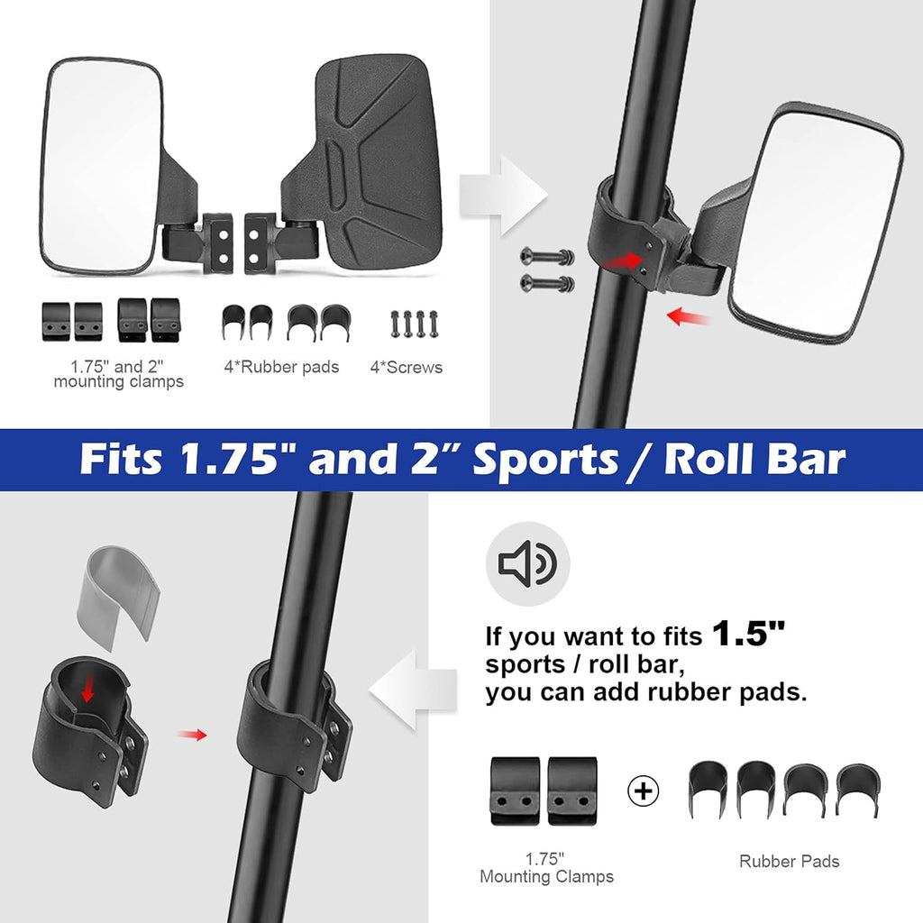 UTV Centre View & Side View Mirror for 1.5''-2'' Roll Cage Bar w/ Pair Grab Handle Set U43170