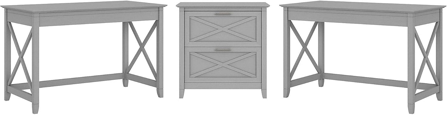 2 Person Desk Set with Lateral File Cabinet, Dark Gray Hickory L44094